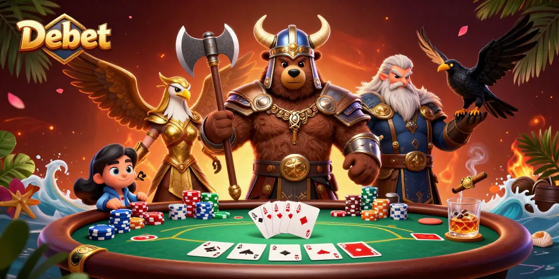 Engage in thrilling poker action with Debet's Viking and Valkyrie in this vibrant 3D illustration.