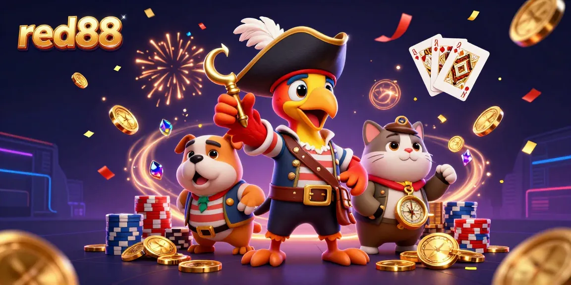 Experience thrilling wins with red88 in this vibrant 3D casino scene featuring iconic gambling elements.