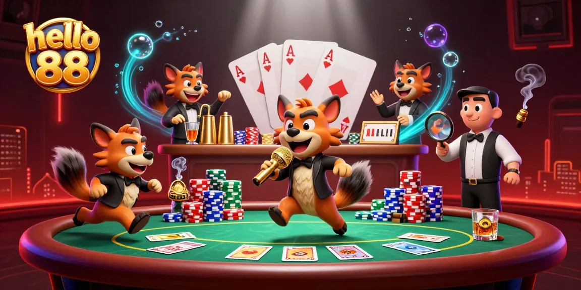 Hyenas entertain in a comedy casino club, showcasing hello 88 with vibrant casino elements.