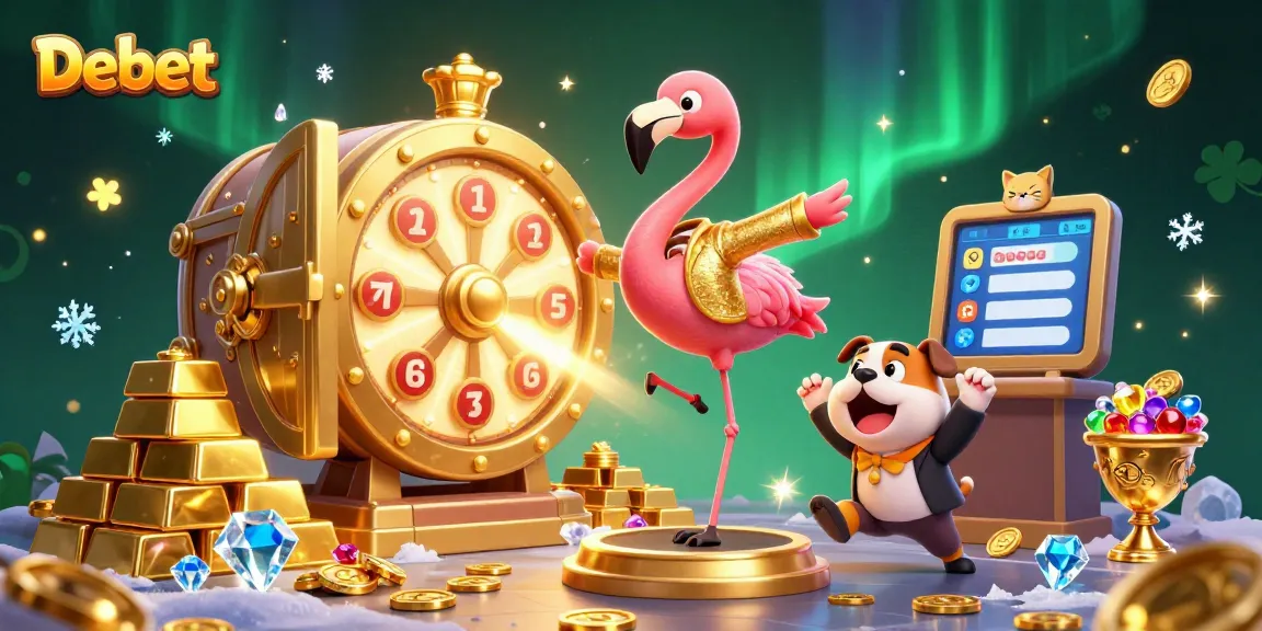 Engage in thrilling gameplay with Debet as the flamingo host spins the prize wheel in a dazzling casino scene.
