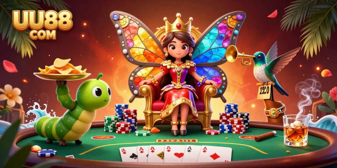 Enjoy the vibrant UU88 COM online casino experience with a colorful butterfly queen and exciting poker elements.