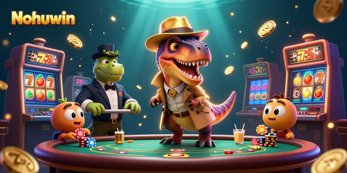 Nohuwin showcases a vibrant scene with cartoon dinosaurs at a blackjack table, emphasizing casino excitement.