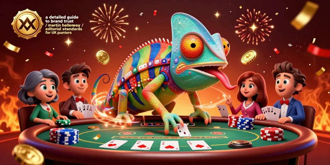 Engaging scene depicting a detailed guide to brand trust / martin holloway / editorial standards for UK punters featuring a colorful chameleon casino owner watching poker games.