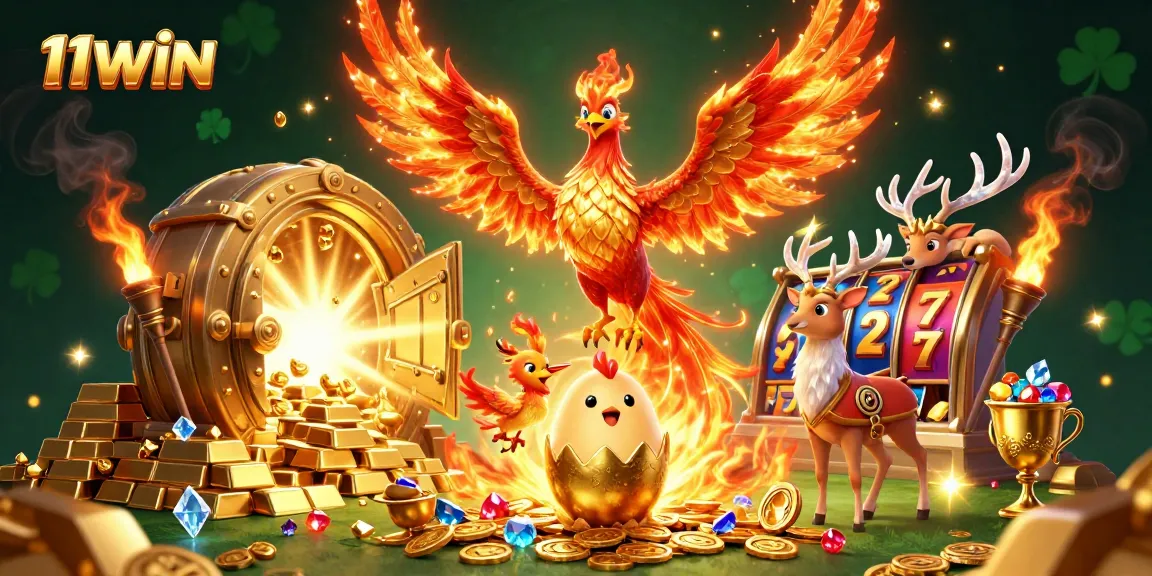 Experience the thrill of 11WIN with a vibrant scene of a blazing phoenix amidst treasures and slot reels.