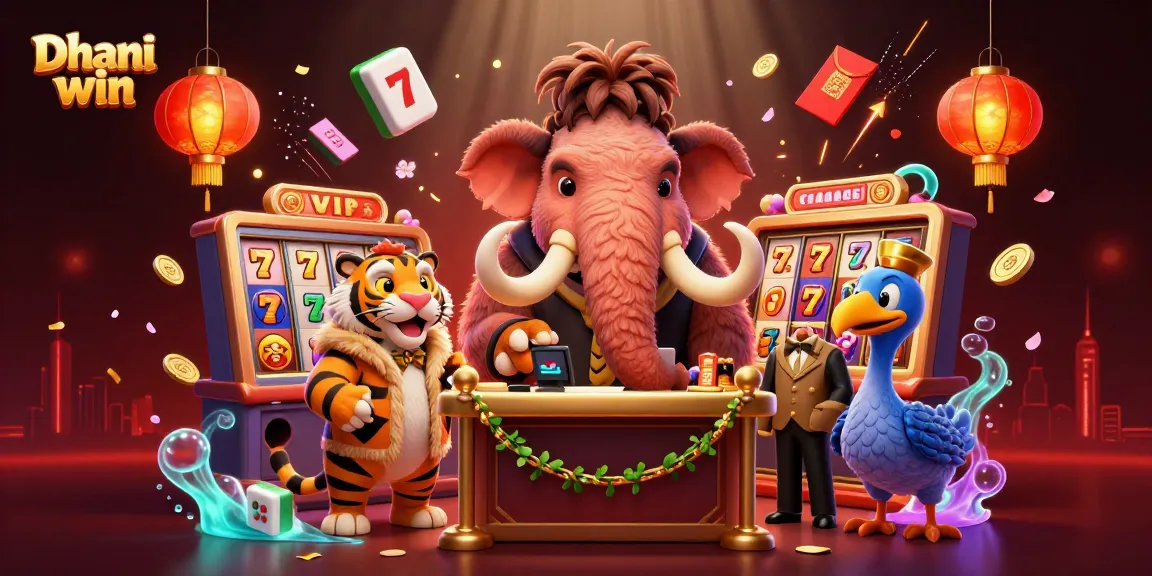 Dhani win gameplay scene featuring a woolly mammoth bouncer, saber-tooth tiger VIP, and dodo doorman amidst vibrant casino elements.
