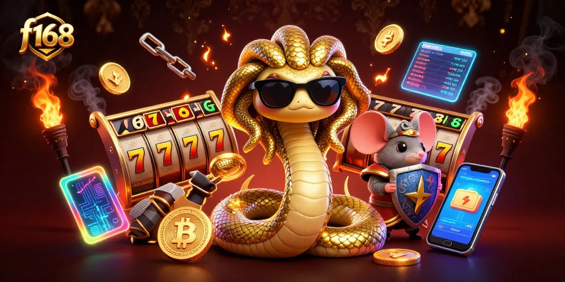 Spin the reels with f168's exciting 3D casino illustration showcasing golden elements and characters.