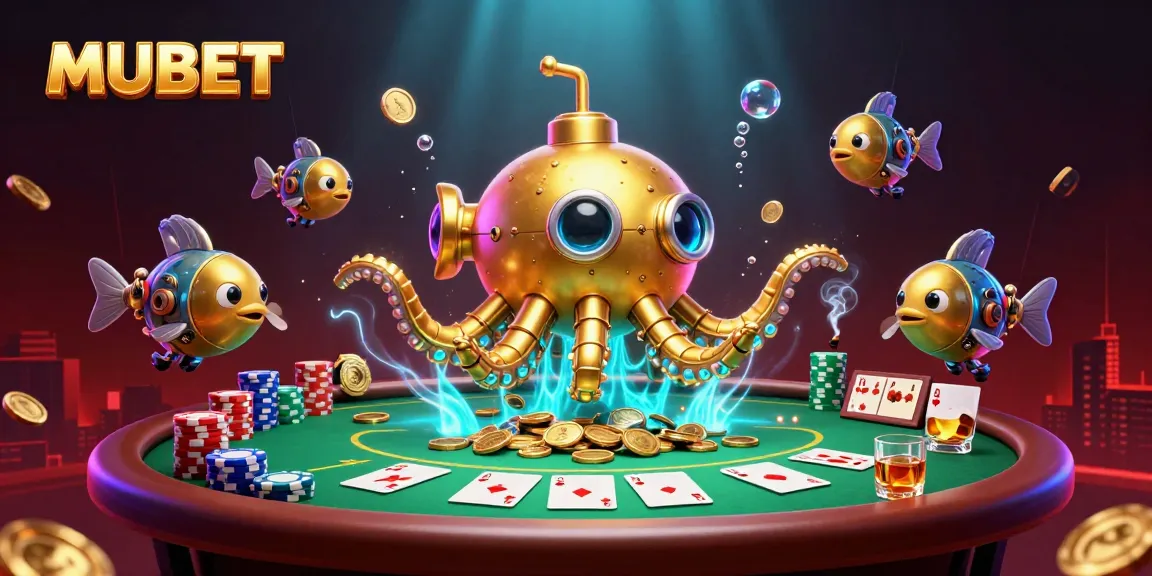 MUBET players engage in a vibrant 3D gambling scene with a golden kraken submarine and dynamic poker elements.