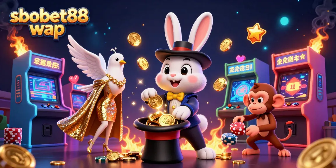 Engage in sbobet88 wap mobile betting with dynamic visuals featuring a magician rabbit and gaming elements.