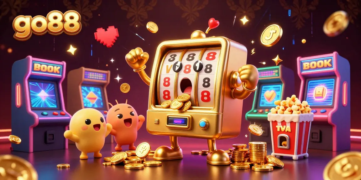 Experience the excitement of go88 with a lively scene of a golden slot machine hitting the jackpot amidst a flurry of coins and arcade games.