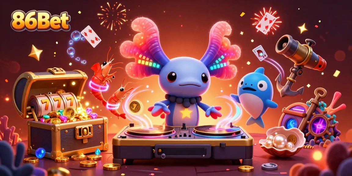 Experience the excitement of gaming with 86Bet in a vibrant casino scene featuring a DJ and treasures.