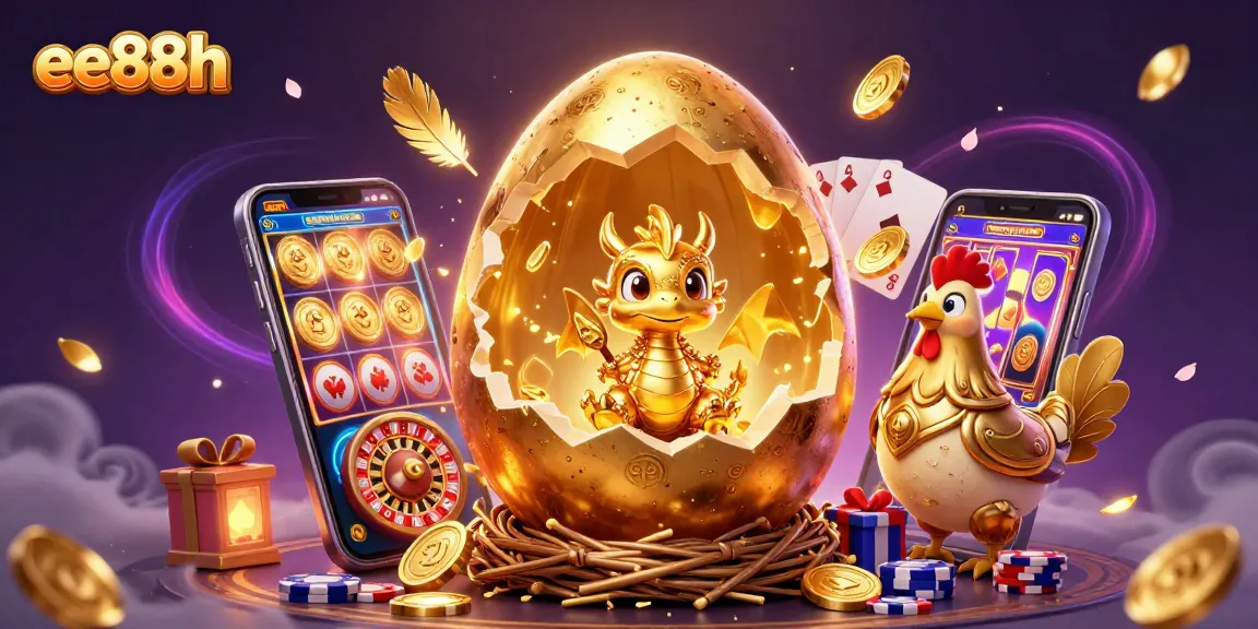 Win big at ee88h with a vibrant scene of a golden baby dragon and poker chips, symbolizing excitement in gambling.