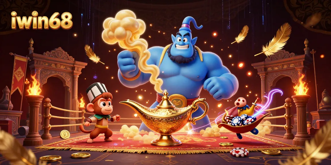 Iwin68 offers thrilling gaming experiences with a colorful genie and vibrant casino action.