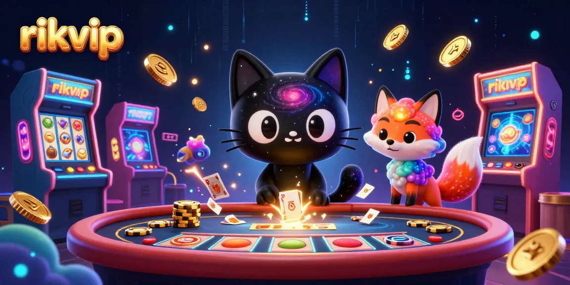 Engage with rikvip's cosmic casino featuring a whimsical black hole cat and nebula fox.