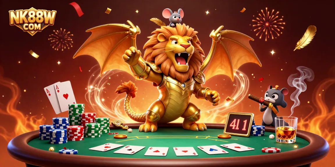 Engage in thrilling gambling with NK88W COM featuring a chimera and poker elements in an exciting casino scene.