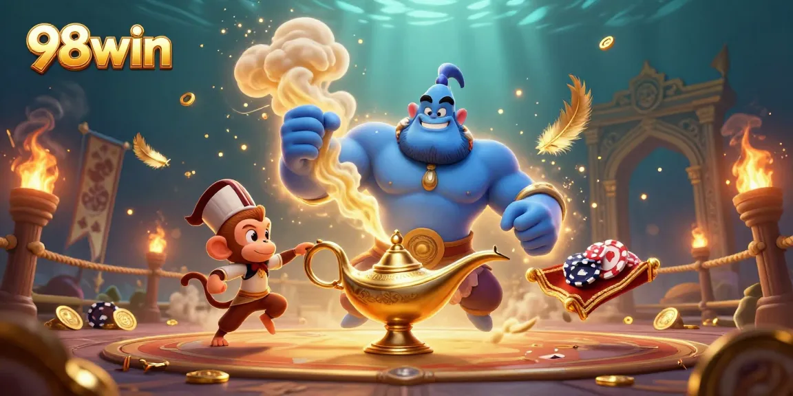 Engage in thrilling gameplay at 98win with an epic scene featuring a genie, monkey, and vibrant poker chips.