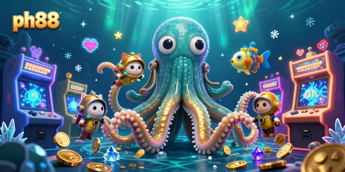 Engage with ph88's casino magic illustrated with a kraken, diving cat, and vibrant game elements.
