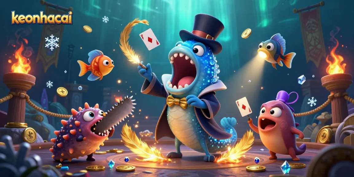 keonhacai showcases a magical underwater scene featuring an eel magician performing card tricks with vibrant details.