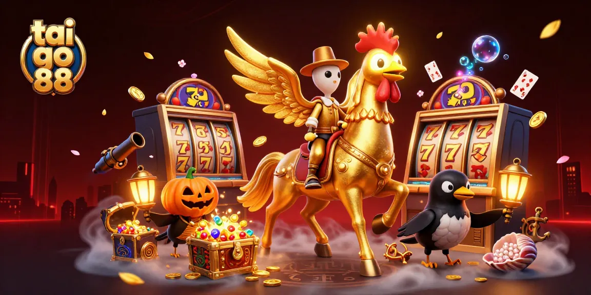 Experience the excitement of tai go 88 with dynamic illustrations of golden rooster and casino elements.
