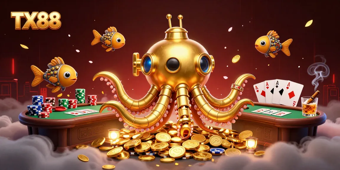 Immerse in the TX88 casino vibe with golden kraken and vibrant poker elements.