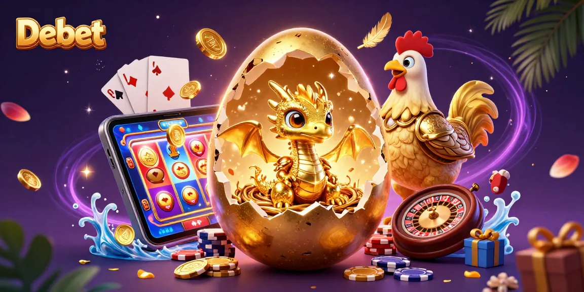 Debet offers golden gaming excitement with a baby dragon and golden egg in a vibrant 3D illustration.