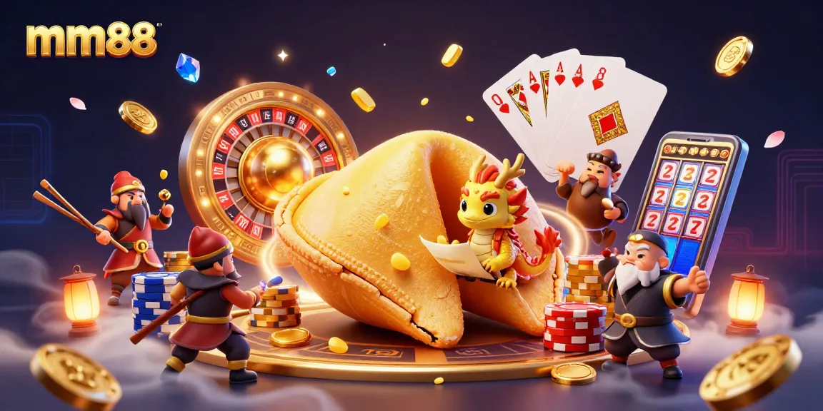 Experience the thrill of mm88 casino with vibrant golden elements and animated characters.