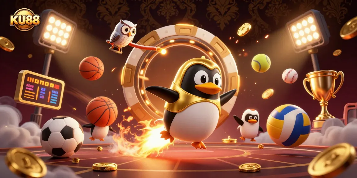 Bet on a dynamic casino adventure with KU88 featuring a rocket-powered penguin among sports elements.