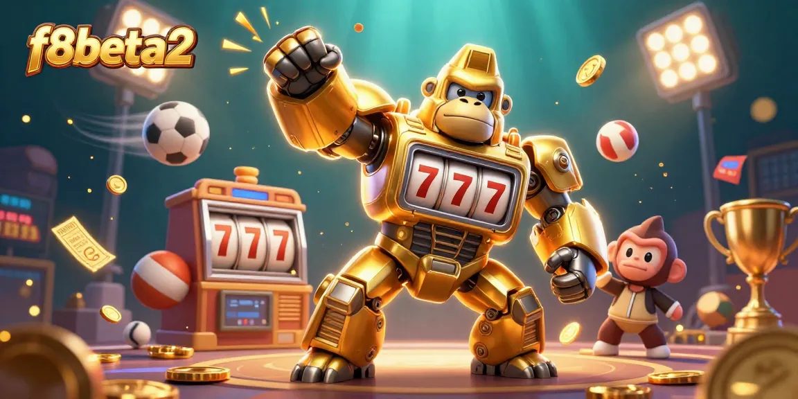 Engage with f8beta2's thrilling gaming experience as the golden gorilla mech blasts upward with rewards.