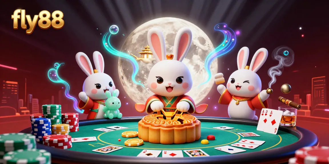 Experience thrilling poker action at fly88 with vibrant 3D casino illustration showcasing a moon rabbit theme.