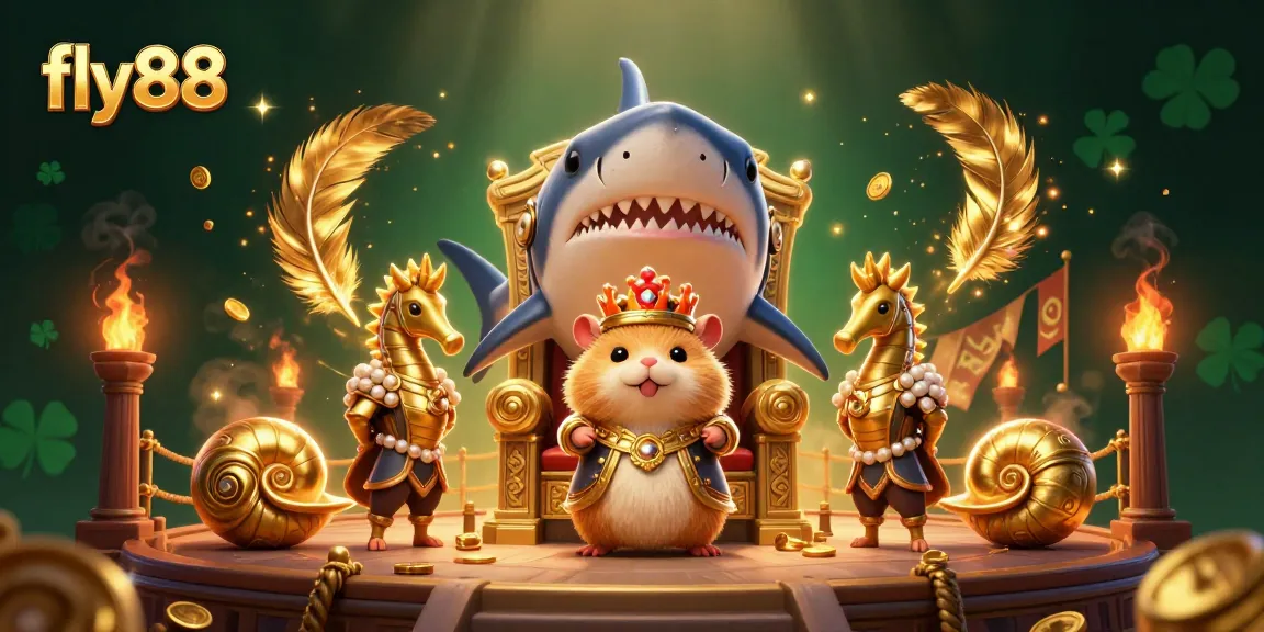 Fly88 features a fierce golden hamster king surrounded by a dynamic casino-themed scene.