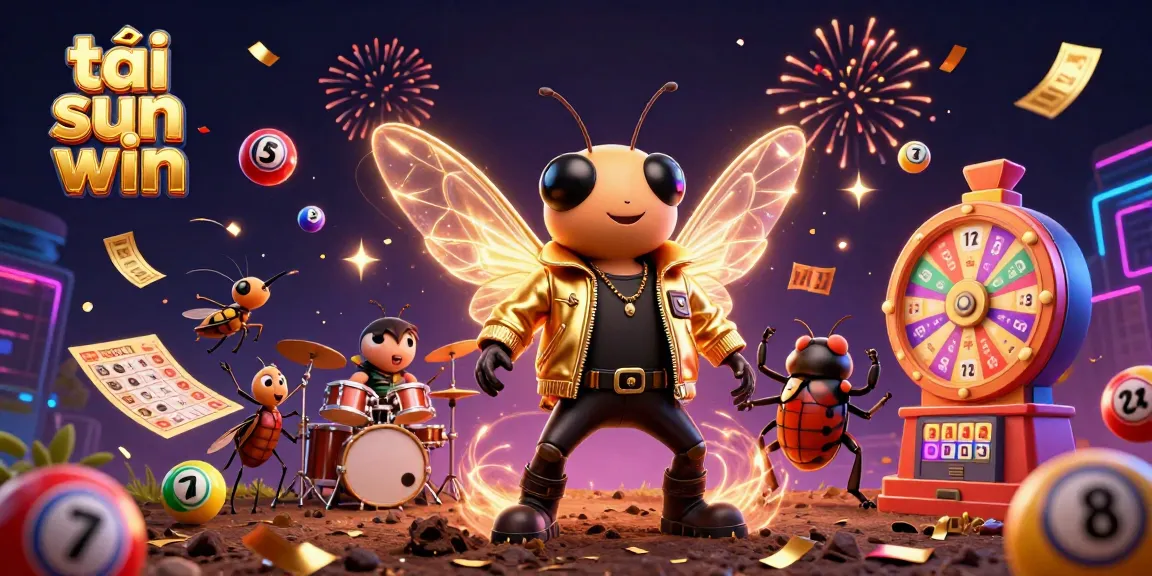 Engage in exciting lottery with tải sun win as a cicada rock star and vibrant elements surround them.