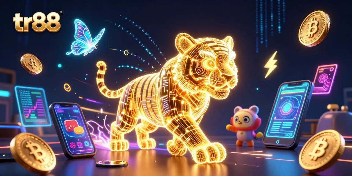 Experience the thrill of tr88 as a neon golden tiger roams a vibrant digital casino landscape.
