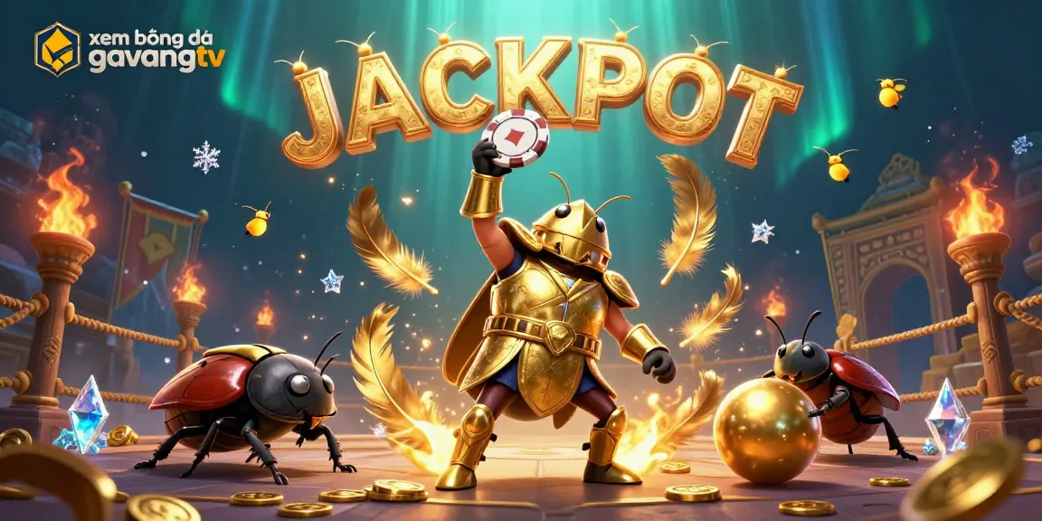 xem bóng đá gavangtv showcases a victorious beetle in golden armor amidst sportsbook excitement and gleaming prizes.