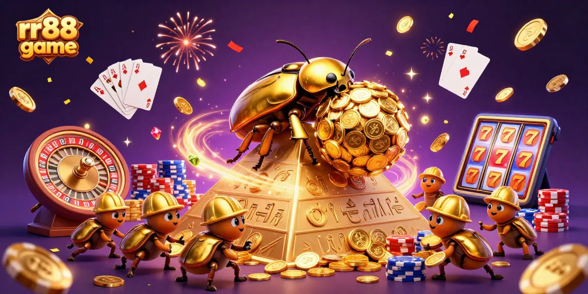 Experience thrilling rr88 game action with gold coins, a massive beetle, and casino excitement!