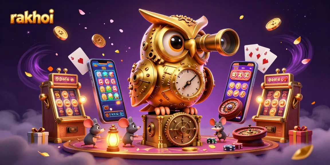Discover exciting wins at Rakhoi with a clockwork owl observing a vibrant casino scene.