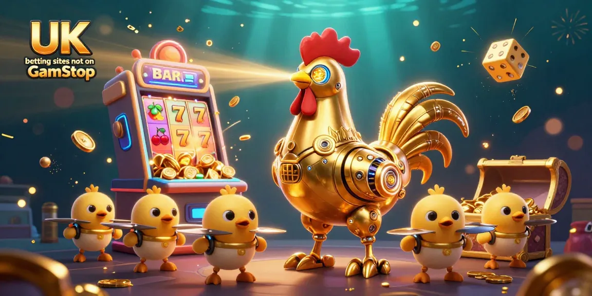 Engage with UK betting sites not on GamStop through an exciting 3D casino scene featuring a golden rooster and baby chick drones.