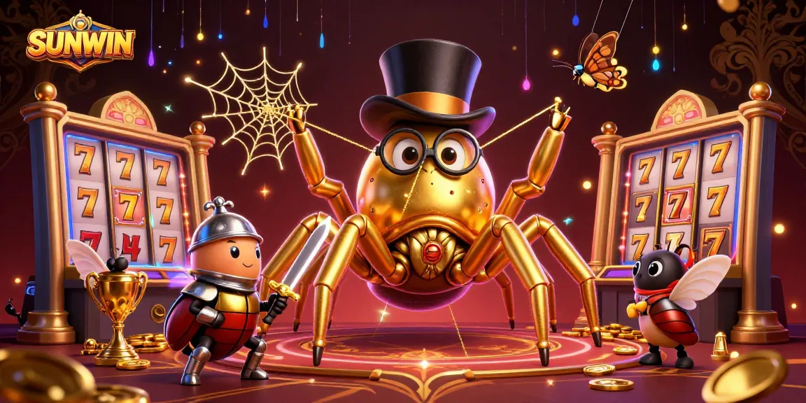 SUNWIN's thrilling slot experience come alive with a giant tarantula and brave knight in a vibrant casino