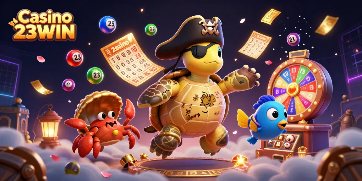 Casino 23WIN showcases a vibrant 3D scene with a turtle and crab among lottery elements.