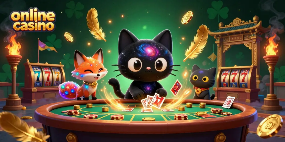 Engage in the online casino world with a cosmic cat and colorful fox in a vibrant setting.