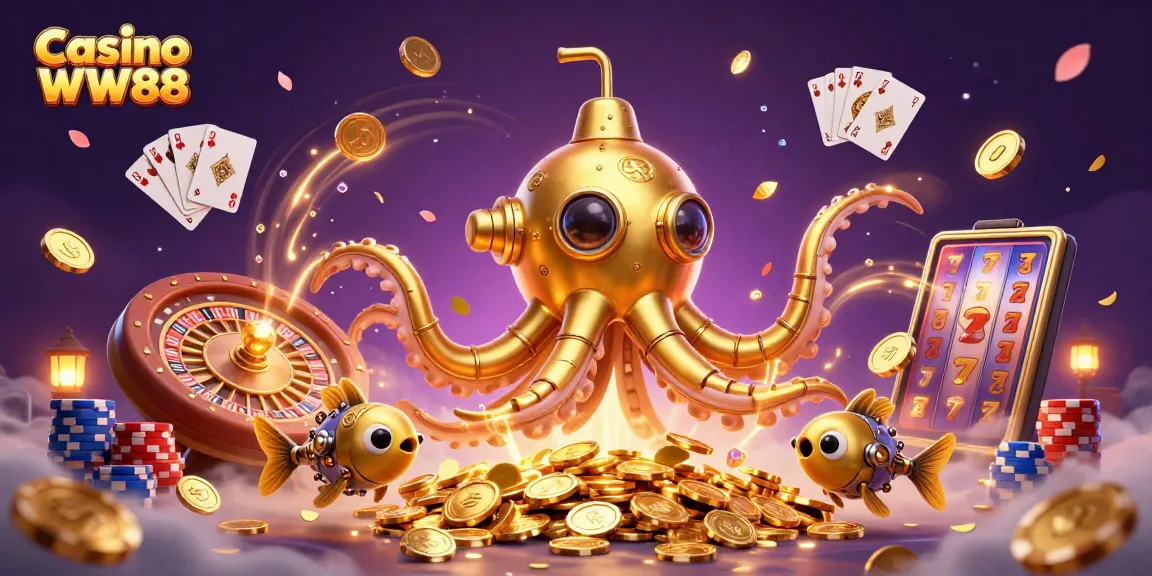 Engaging scene of Casino WW88 with a golden kraken submarine, surrounded by coins and casino elements.