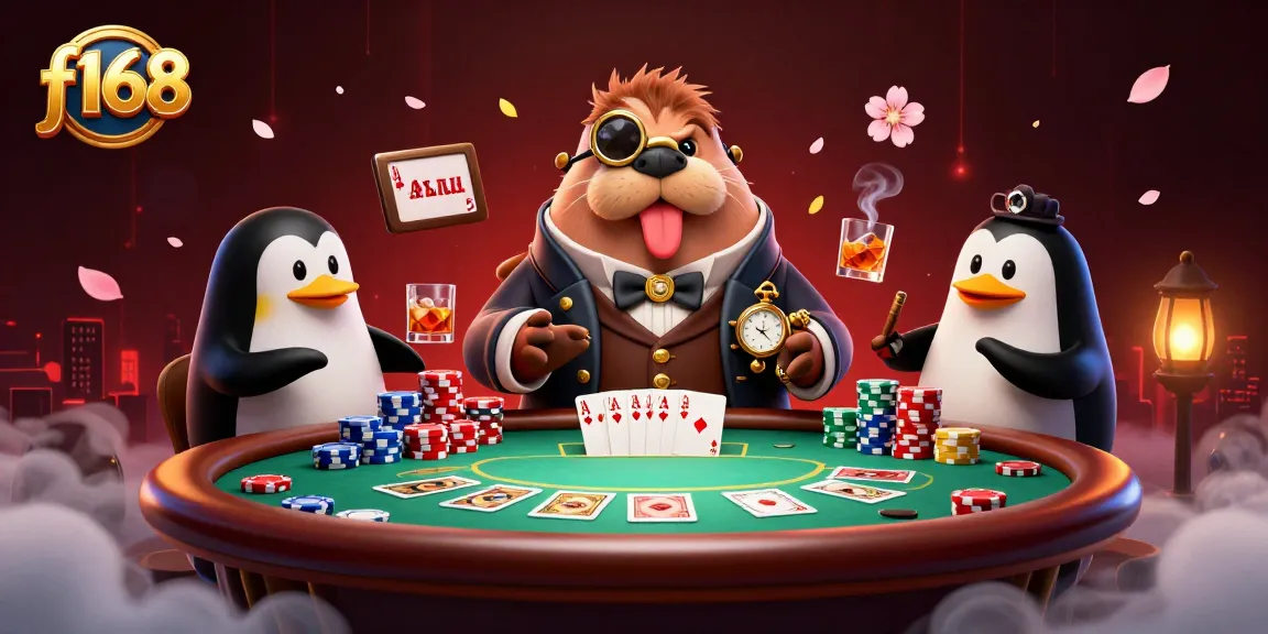 Join the jolly walrus at the f168 poker table as he engages in a bluffing game underwater.